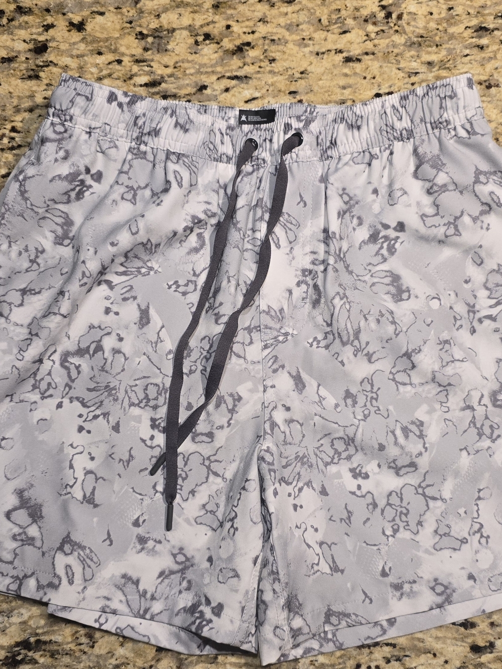 Gray Marble Print HUK Shorts with Drawstring And Liner